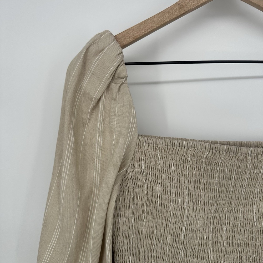 Derek Lam 10 Crosby Women'sLinen Blend Puffy Sleeve Striped Smocked Blouse Sz 4 - Picture 5 of 9
